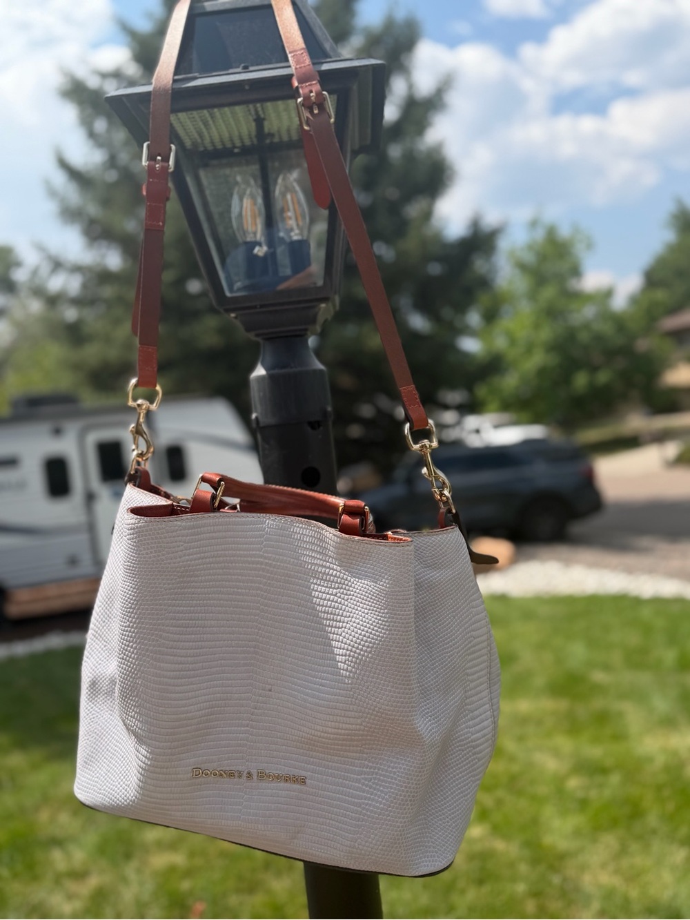 Dooney & Bourke White Pebbled Leather Shoulder Bag with Brown Straps